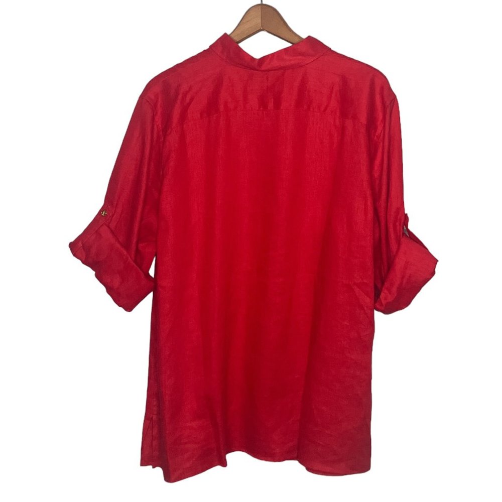 Chaps by Ralph Lauren 1X Red 100% Linen Roll Tab Sleeve Button Down Shirt Plus - Picture 2 of 3